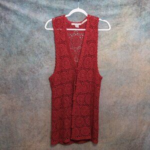 Vintage Claudia D. Hand Knit 100% Silk Crochet Red Button Oversized Vest - Small